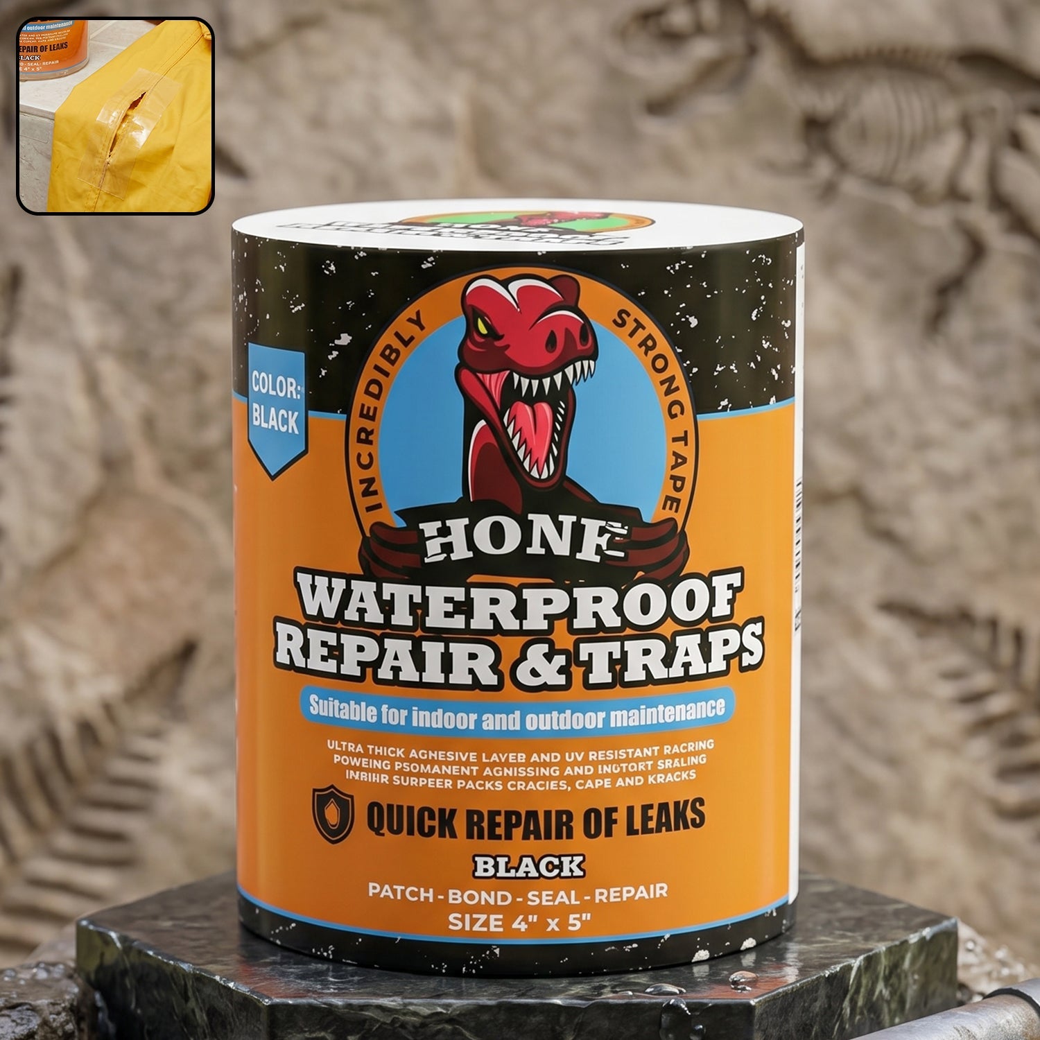 Waterproof repair tape roll with black color and flexible backing used for sealing leaks and cracks.