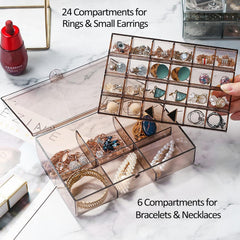 2-layer acrylic box with 24 small and 6 large compartments for earrings and accessories