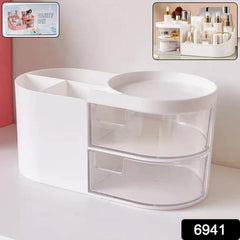 Rotating vanity organizer tray with makeup and skincare products