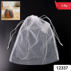 Close-up of reusable mesh sack with drawstring closure