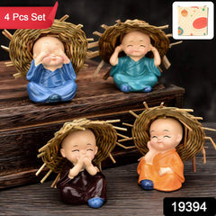 Ethnic Straw Hat Buddha Monks – Resin Showpiece Set of 4