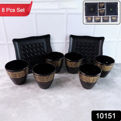 Side view of the Indo Glow ceramic cups and bowls, showcasing their glossy finish.