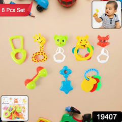 Close-up of infant rattle toys with vibrant colors