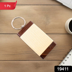 Dual tone wooden rectangular keychain close-up