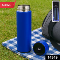 Blue vacuum insulated water bottle showing easy storage
