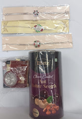3 Rakhi Gift Hamper with Butterscotch Chocolate Canister, Roli Chawal Set, Silver Coins & Festive Rakhi Card,Rakhi Gift Combo