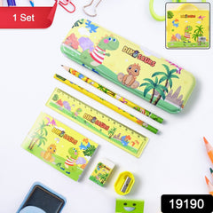 Close-up of dinosaur pencil box and contents
