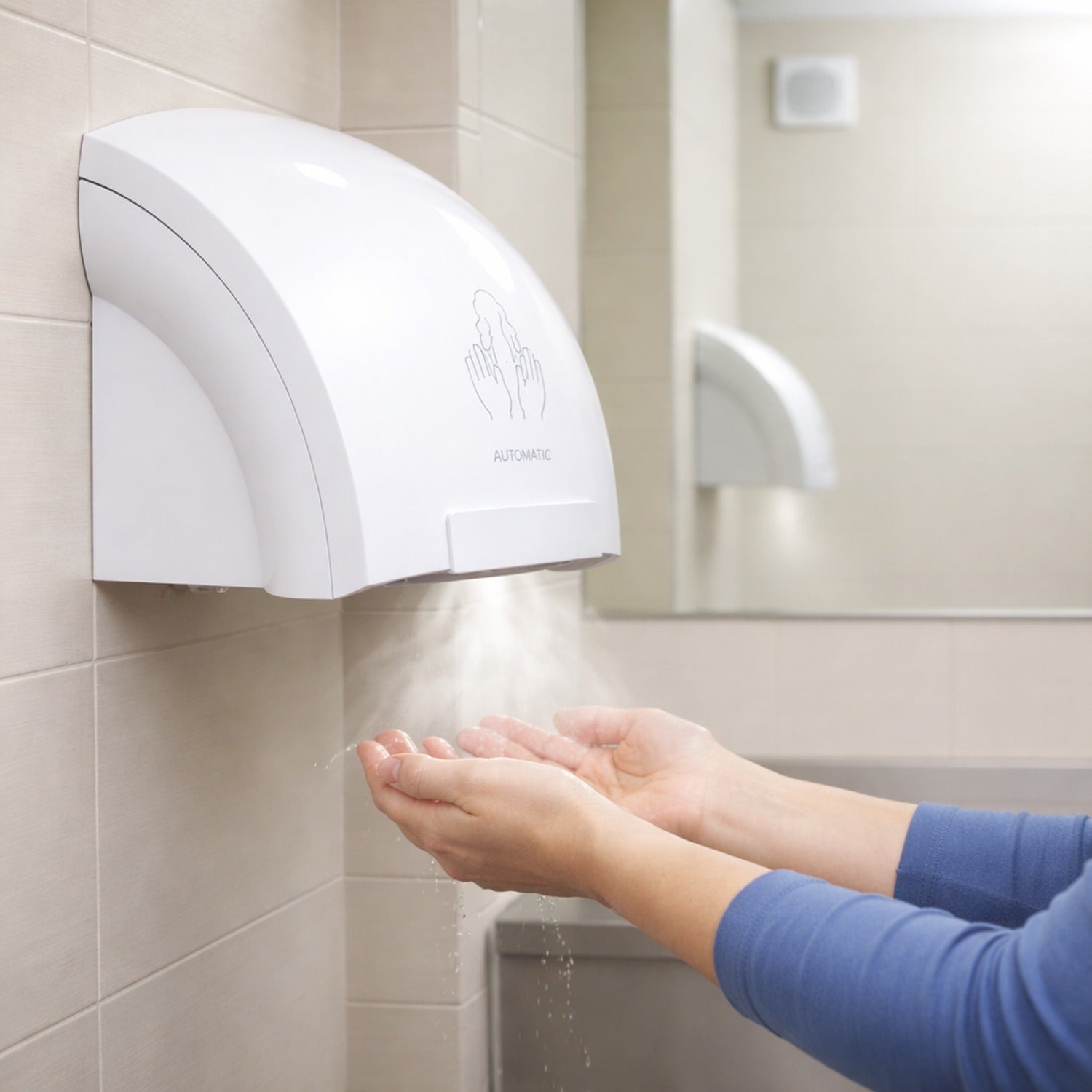 Wall mounted automatic sensor electric hand dryer in bathroom