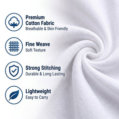 Close-up of white cotton fabric with text highlighting premium cotton, fine weave, strong stitching, and lightweight