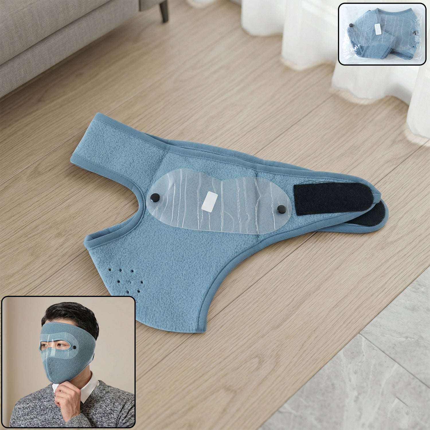 Reusable anti fog face mask with transparent eye shield front view
