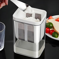 Yogurt filtering container showing whey separation