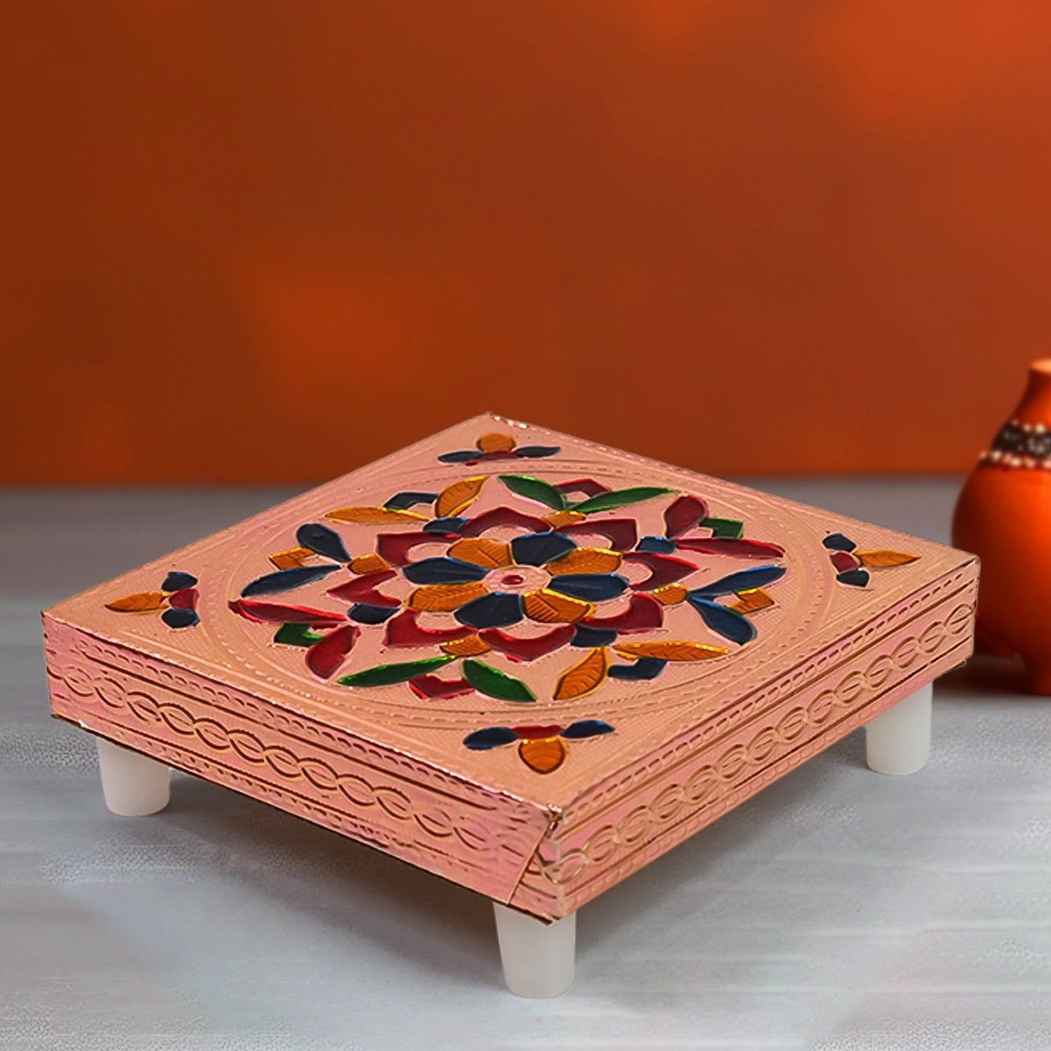 Handmade Meenakari Wooden Puja Chowki Front View