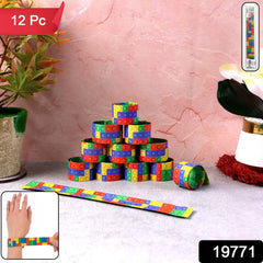 Child wearing a colorful slap bracelet