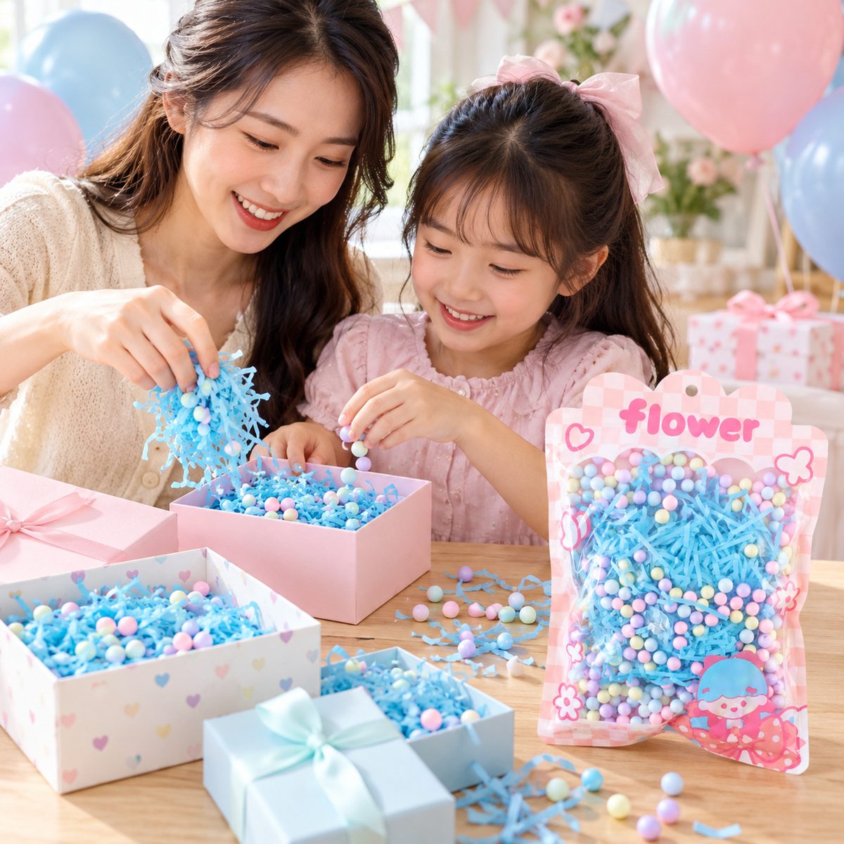 A mother and daughter filling pink gift boxes with blue shredded paper and pastel foam balls. Balloons are in the background.