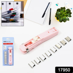 Hand demonstrating use of paper clamp dispenser on documents