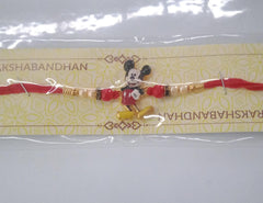 Adorable Mickey Mouse Kids Rakhi with Pearls & Golden Beads on Red Thread