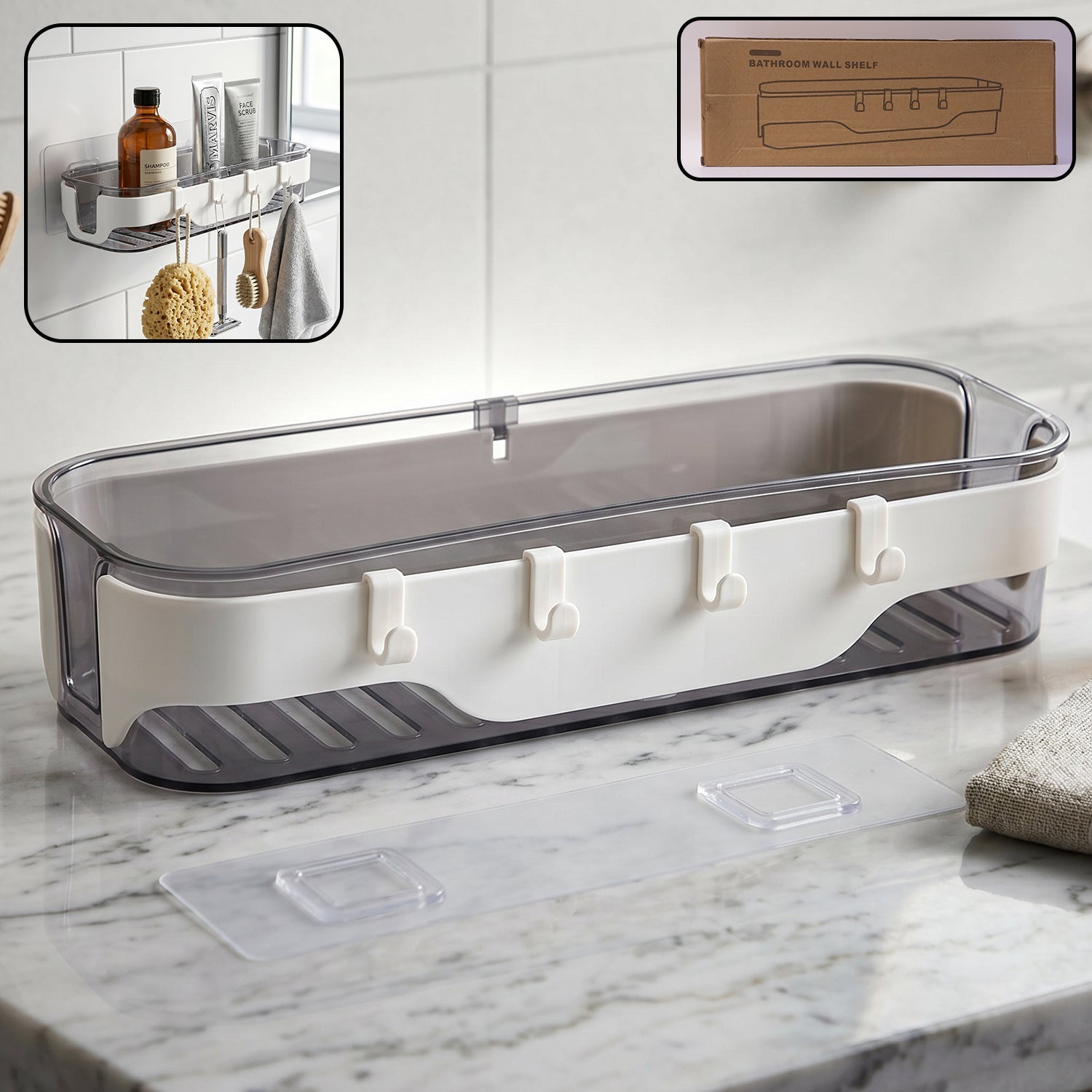 Stylish transparent bathroom wall shelf with white accents & three hooks