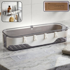 Stylish transparent bathroom wall shelf with white accents & three hooks
