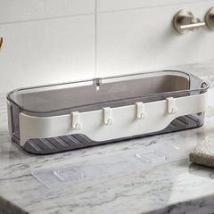 Wall-mounted transparent bathroom organizer shelf with hooks