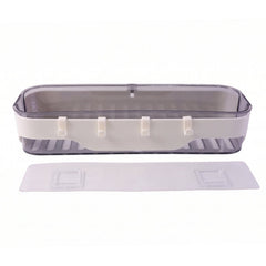 Space-saving bathroom storage rack with integrated hanging hooks