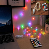 A laptop and plant sit on a wooden desk, illuminated by colorful LED string lights and a remote control.