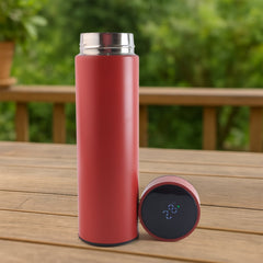 Red stainless steel water bottle with LED temperature display