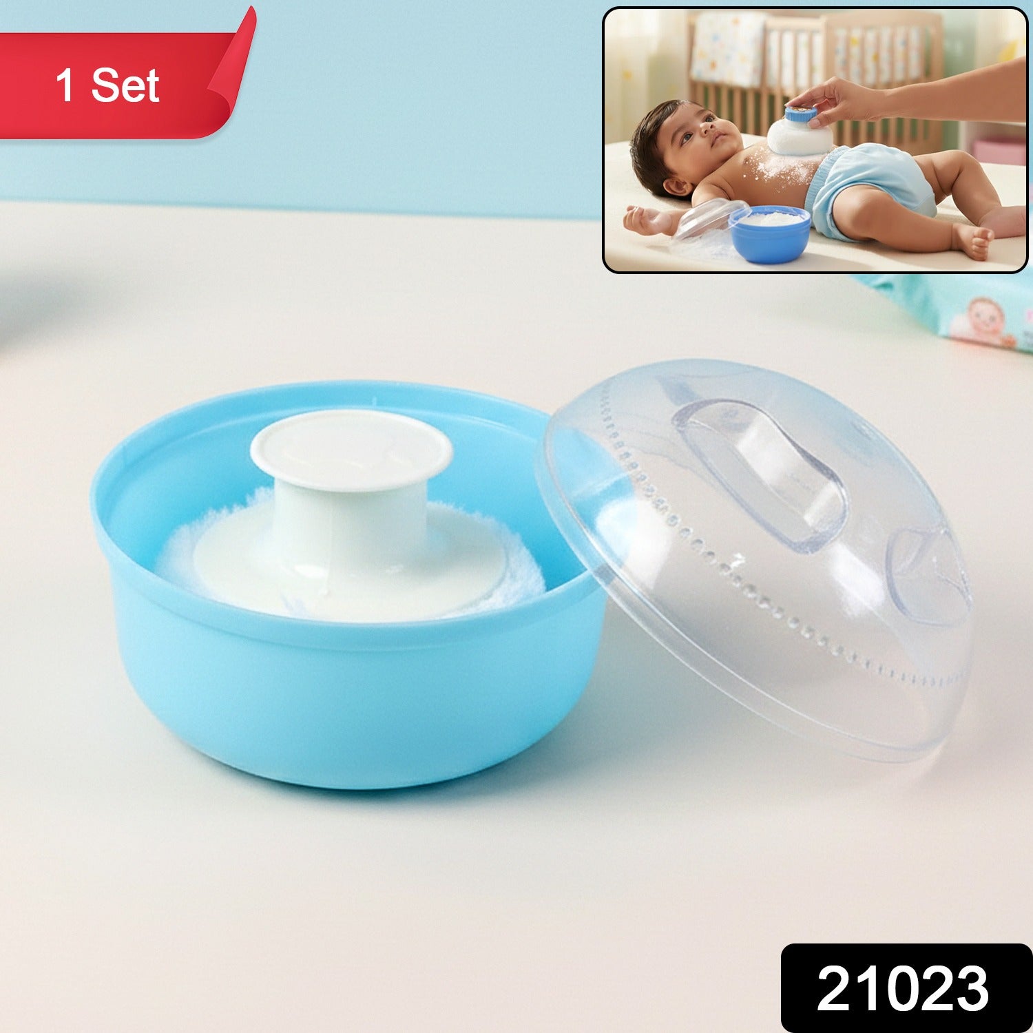 Powder puff container set with protective lid