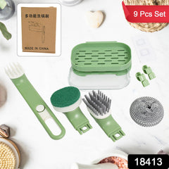 Dish brush set laid out with multiple brush heads and tray