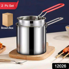 Compact stainless steel deep frying pot with strainer basket
