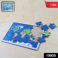 Children assembling world map puzzle pieces