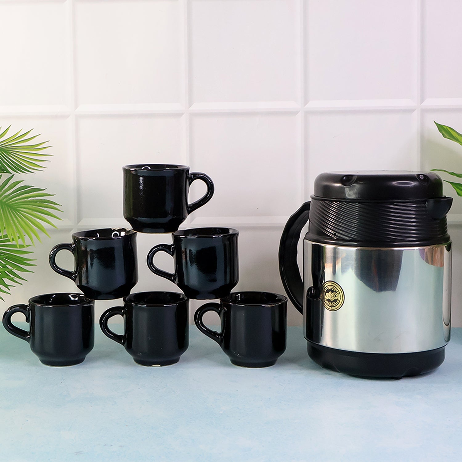 Thermos flask with 6 ceramic cups set