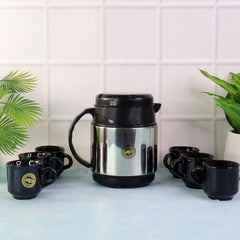 Black coffee thermos flask with ceramic cups