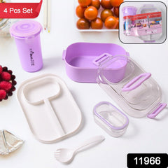 Lunch box set showing meal compartments and utensils