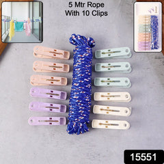 Clothesline Rope with 10 Clips – 5 Meter Approx Heavy Duty Laundry Drying Rope with Clip