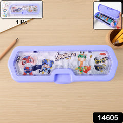 Close-up of the fun metal ball maze puzzle integrated into the lid of the kids' pencil box.