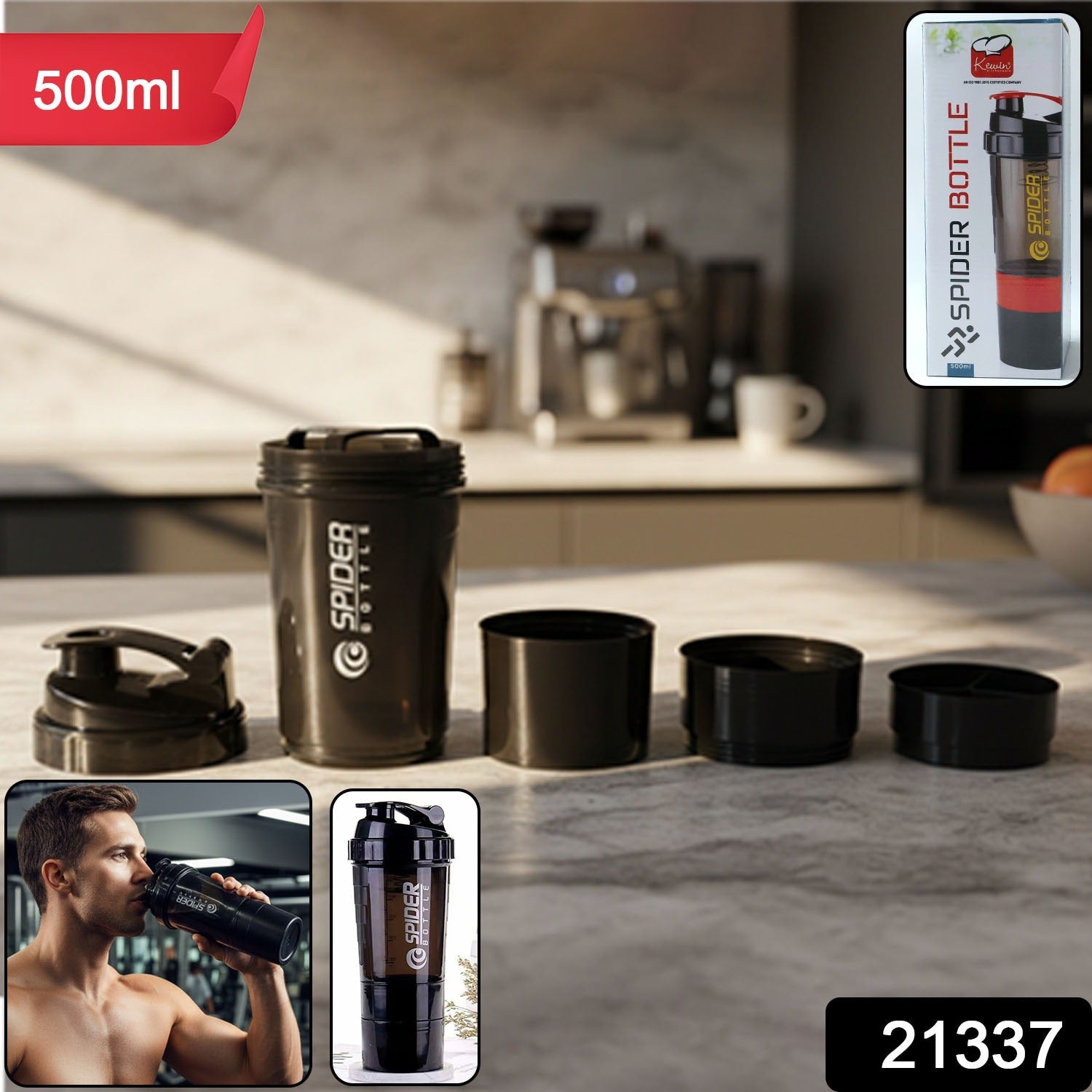 Shaker bottle with flip lid closed