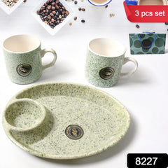 Close-up of ceramic cups with serving platter for tea and coffee