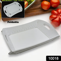 Top view of foldable plastic serving tray showing handle