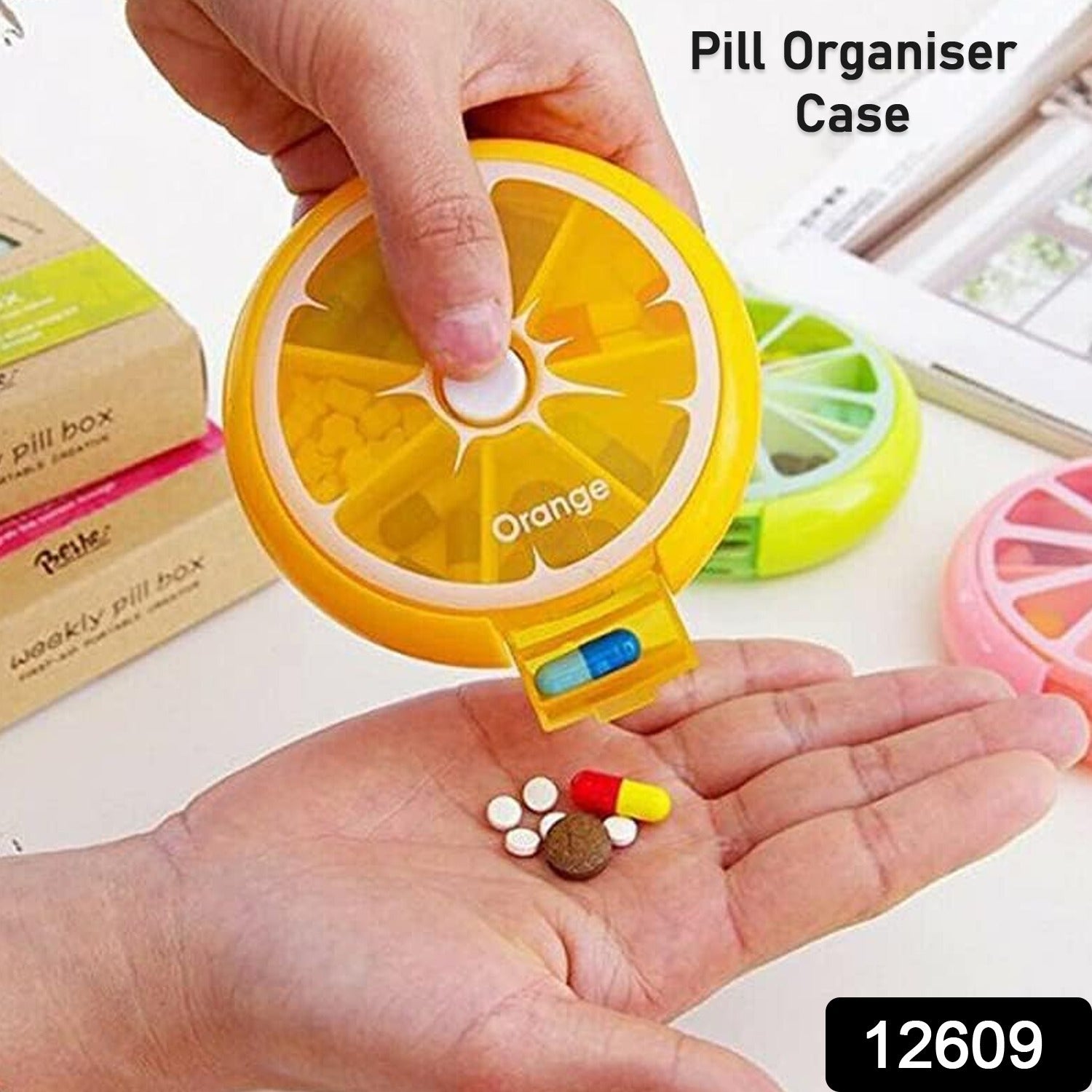 12609 Pill Box Medicine Dispenser 7-Day Week Weekly Whee Cute Portable fruit style 7 grid seal rotation Pill Organizer Medicine Box (1 Pc)