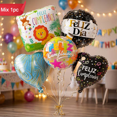 Feliz Cumpleaños assorted foil balloon mix with animal and celebration prints