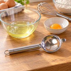 A metal egg separator rests on a wooden surface next to a glass bowl of egg white and a small bowl with a yolk.