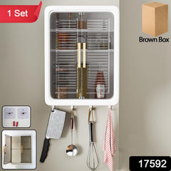 Kitchen cabinet showing internal shelves with bottles and jars