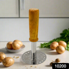 Top view of stainless steel pav bhaji masher with wooden handle