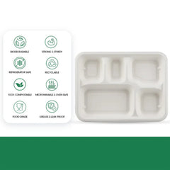 5-Compartment Rectangle Lunch Compostable Bagasse Plate – 10 Pcs Pack