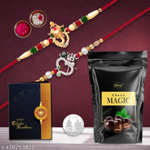 2 Rakhi Gift Pack Featuring Ganpati and Om Trishul Rakhi, Choco Magic Pouch, Coin, Tilak Essentials & Greeting Card,Rakhi Gift Combo