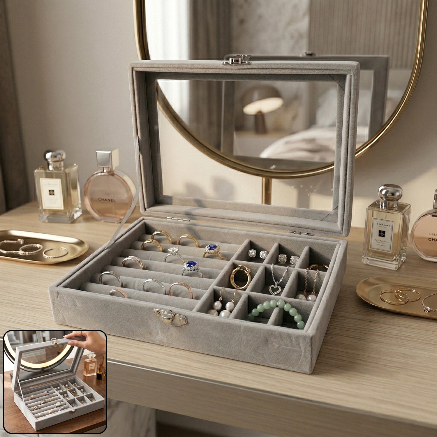 Premium velvet jewellery organizer box with transparent lid multi-compartment