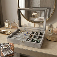 Premium velvet jewellery organizer box with transparent lid multi-compartment