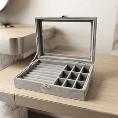 Side view of velvet jewellery box with transparent lid