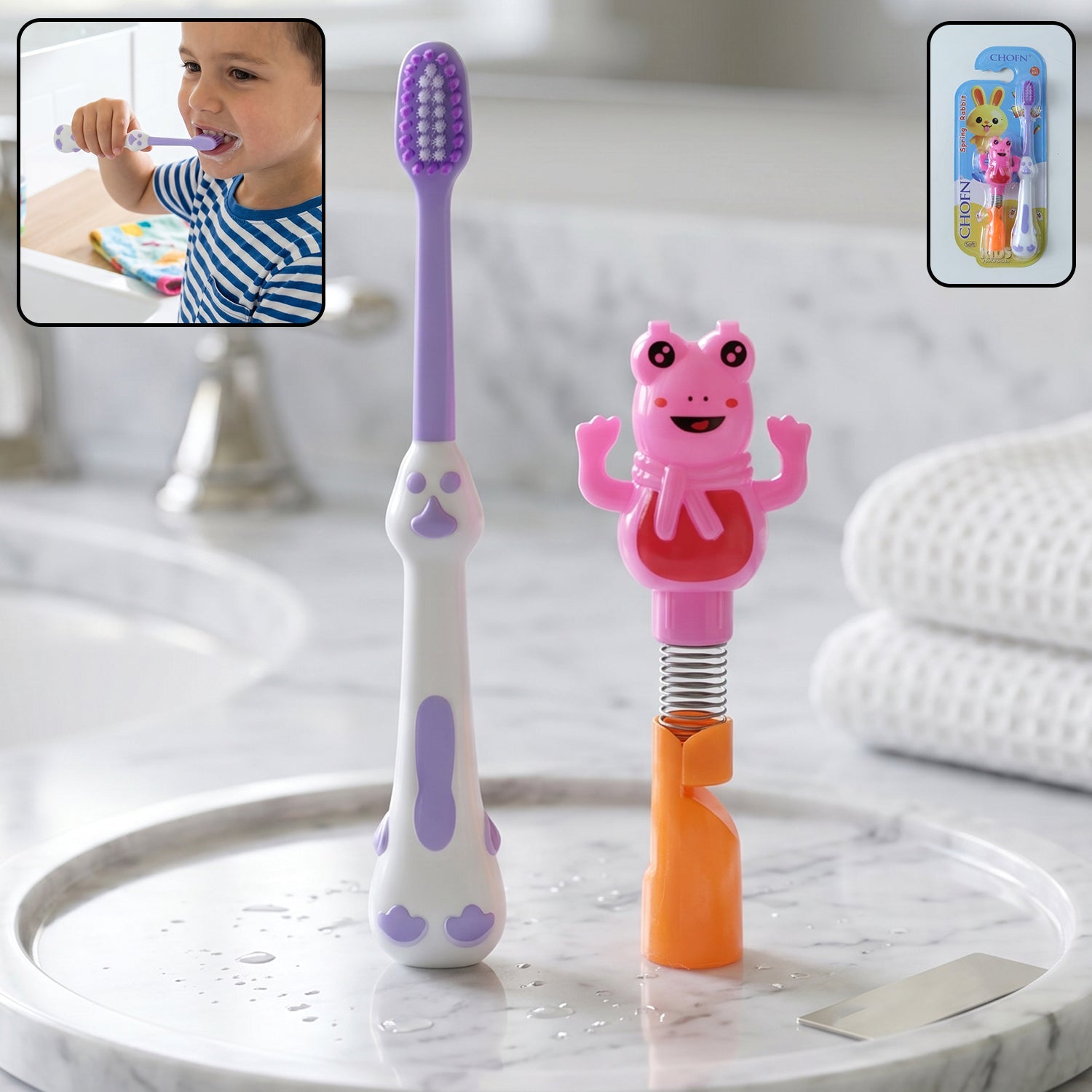 Kids Cartoon Spring Frog Toothbrush Set front view