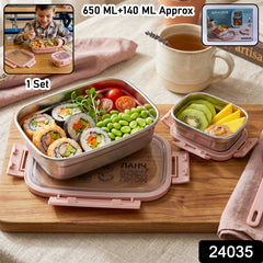 Ganesh stainless steel kids lunch box open, showing compartments